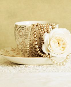 Antique Cup and Saucer with White Flower and Pearls