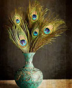 Peacock Feathers in Blue Vase