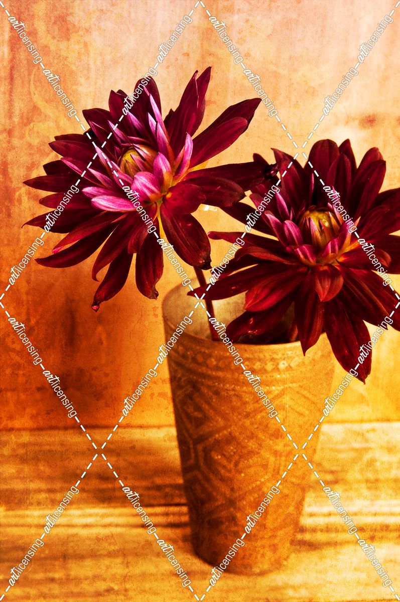 Red Dahlias in a Copper Vase