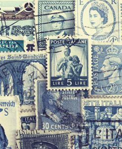 Close up of Vintage Stamps in Blue Tones