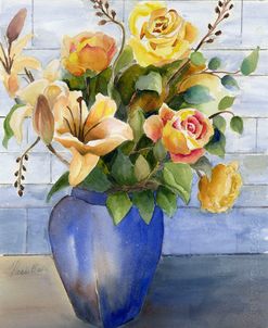 Yellow Roses in Blue Vase