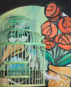 Bird In Cage With Potted Plant