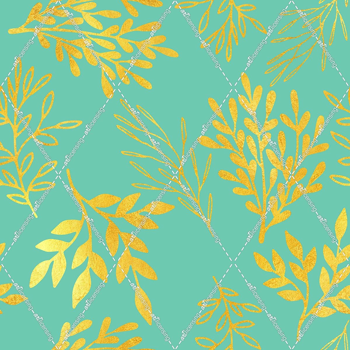 Golden Leaves Pattern Aquamarine