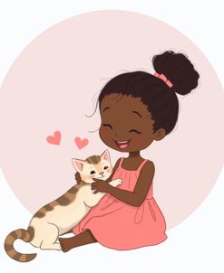 Happy Little Girl Hugs Her Kitty