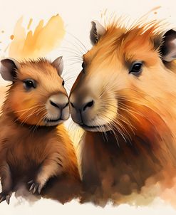 Baby And Mama Capybara