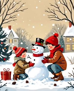 Children Building A Christmas Snowman