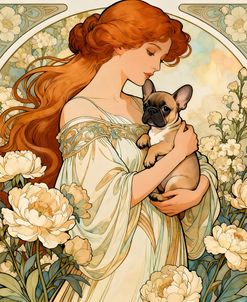 Art Nouveau Women Holding A Frenchie