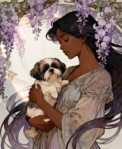 Art Nouveau Women Holding A Puppy