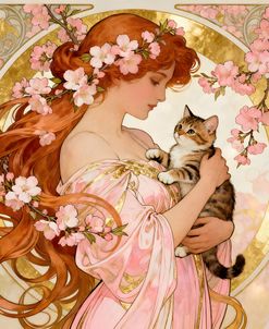 Art Nouveau Woman Holding A Kitten