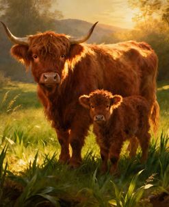Mama Highland Cow And Baby On The Farm