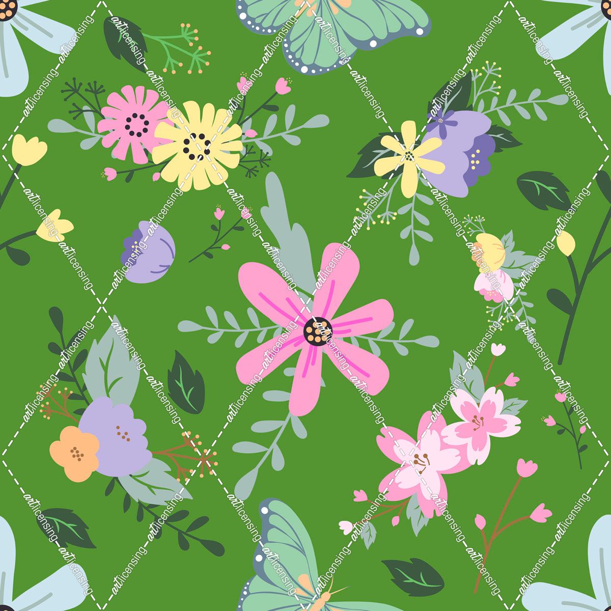 Spring Butterfly Flower Pattern Green