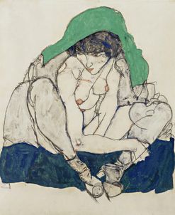 Schiele Crouching Woman with Green Headscarf